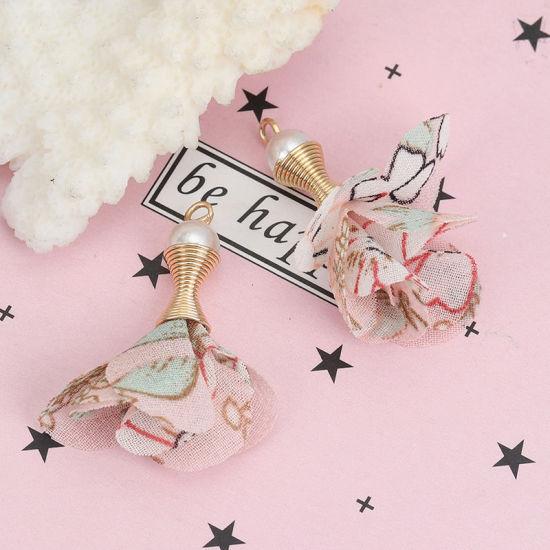 Image de Pendentifs Franges en Alliage de Zinc & Tissu Fleur Doré Noir Perle Imitation Acrylique 35mm x 33mm - 32mm x 31mm, 20 Pcs