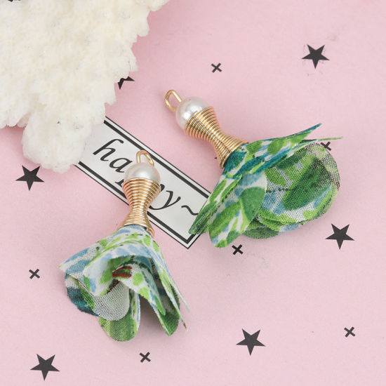 Image de Pendentifs Franges en Alliage de Zinc & Tissu Fleur Doré Noir Perle Imitation Acrylique 35mm x 33mm - 32mm x 31mm, 20 Pcs