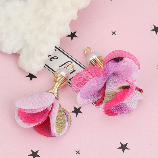 Image de Pendentifs Franges en Alliage de Zinc & Tissu Fleur Doré Noir Perle Imitation Acrylique 35mm x 33mm - 32mm x 31mm, 20 Pcs