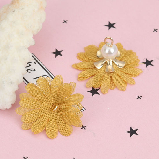 Picture of Zinc Based Alloy & Fabric Tassel Charms Flower Gold Plated Ginger Acrylic Imitation Pearl 24mm x 15mm - 22mm x 14mm, 20 PCs