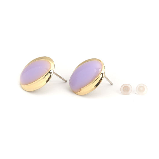 Picture of Zinc Based Alloy & Resin Ear Post Stud Earrings Findings Oval Gold Plated Mauve W/ Loop 16mm x 14mm, Post/ Wire Size: (21 gauge), 4 PCs