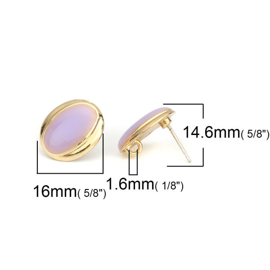 Immagine di Lega di Zinco + Resina Orecchini a Perno Tappi di Orecchini Ovale Oro Placcato Viola Chiaro W/ Loop 16mm x 14mm, Diametro Filo: (21 misura), 4 Pz