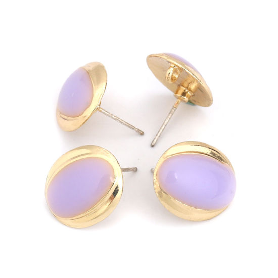 Immagine di Lega di Zinco + Resina Orecchini a Perno Tappi di Orecchini Ovale Oro Placcato Viola Chiaro W/ Loop 16mm x 14mm, Diametro Filo: (21 misura), 4 Pz
