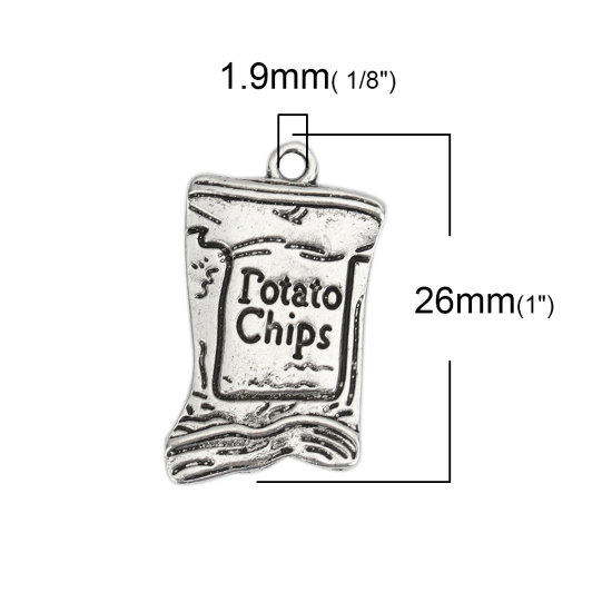 Imagen de Zamak Colgantes Charms Plata Antigua Mensaje " Potato Chips " 26mm x 15mm, 10 Unidades
