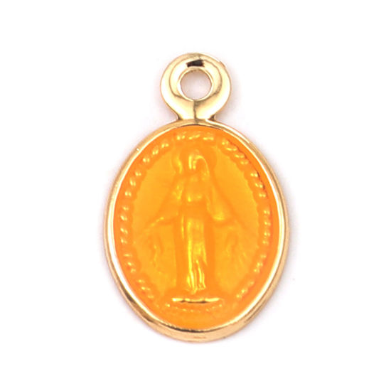 Picture of Brass Charms Oval Gold Plated Orange Jesus Enamel 13mm x 8mm, 10 PCs