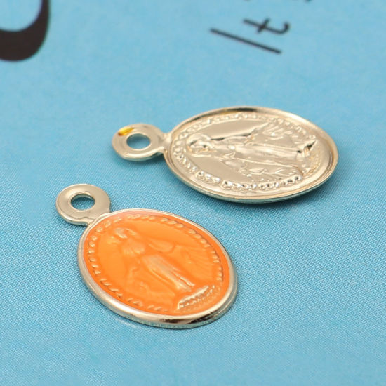 Picture of Brass Charms Oval Gold Plated Orange Jesus Enamel 13mm x 8mm, 10 PCs