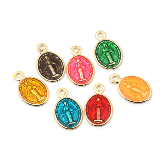 Picture of Brass Charms Oval Gold Plated Orange Jesus Enamel 13mm x 8mm, 10 PCs