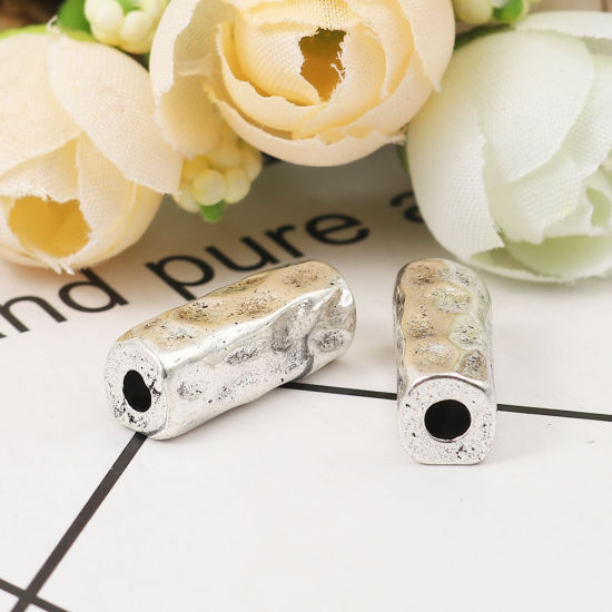 Picture of Zinc Based Alloy Hammered Spacer Beads Rectangle Antique Silver Color 18mm x 7mm, Hole: Approx 1.9mm, 10 PCs