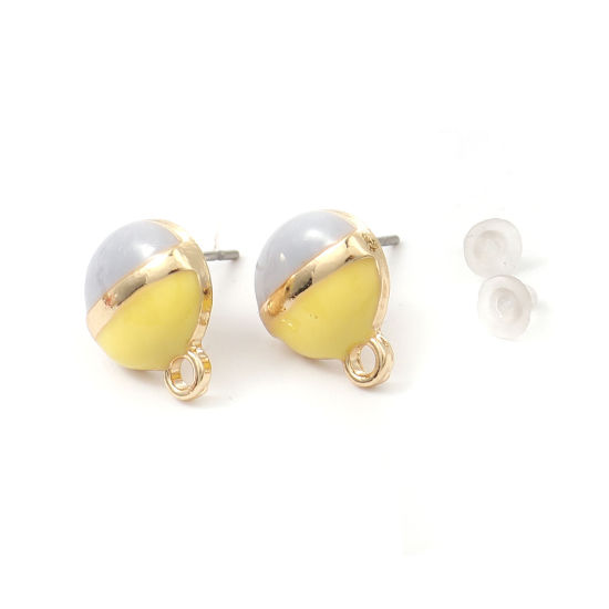 Picture of Zinc Based Alloy Ear Post Stud Earrings Findings Round Gold Plated W/ Loop Yellow & Gray Enamel 13mm x 10mm, Post/ Wire Size: (21 gauge), 6 PCs