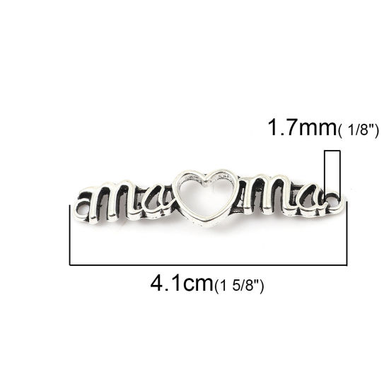 Picture of Zinc Based Alloy Connectors Strip Antique Silver Color Heart Message " MAMA " Hollow 41mm x 9mm, 30 PCs