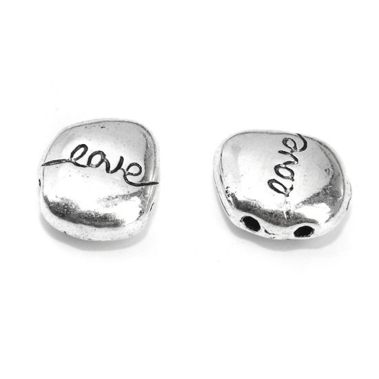 Immagine di Lega di Zinco Perline Irregolare Argento Antico Lettere " LOVE " Circa 13mm x 12mm, Foro:Circa 1.8mm, 10 Pz
