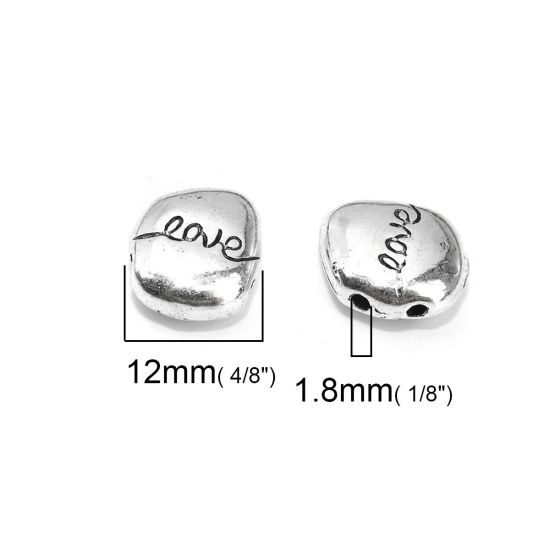 Immagine di Lega di Zinco Perline Irregolare Argento Antico Lettere " LOVE " Circa 13mm x 12mm, Foro:Circa 1.8mm, 10 Pz
