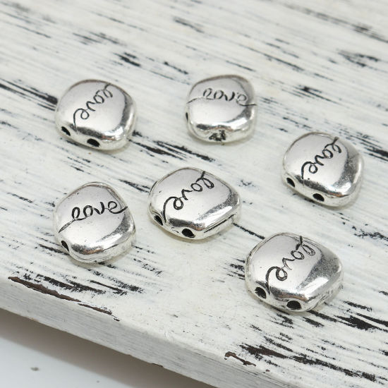 Immagine di Lega di Zinco Perline Irregolare Argento Antico Lettere " LOVE " Circa 13mm x 12mm, Foro:Circa 1.8mm, 10 Pz
