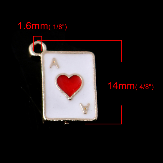 Picture of Zinc Based Alloy Charms Playing Card Gold Plated White & Red Enamel 14mm x 10mm, 500 PCs