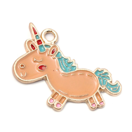 Bild von Zinklegierung Charms Einhorn Vergoldet Bunt Emaille 25mm x 22mm, 10 Stück