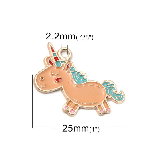 Bild von Zinklegierung Charms Einhorn Vergoldet Bunt Emaille 25mm x 22mm, 10 Stück