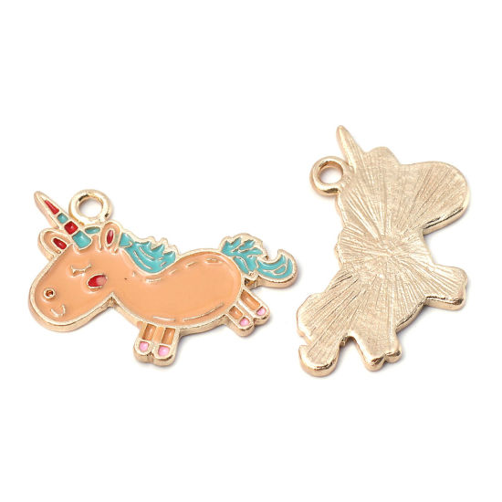 Bild von Zinklegierung Charms Einhorn Vergoldet Bunt Emaille 25mm x 22mm, 10 Stück