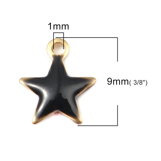 Bild von Messing Emaillierte Pailletten Charms Pentagramm Stern Messingfarbe Schwarz 9mm x 8mm, 10 Stück