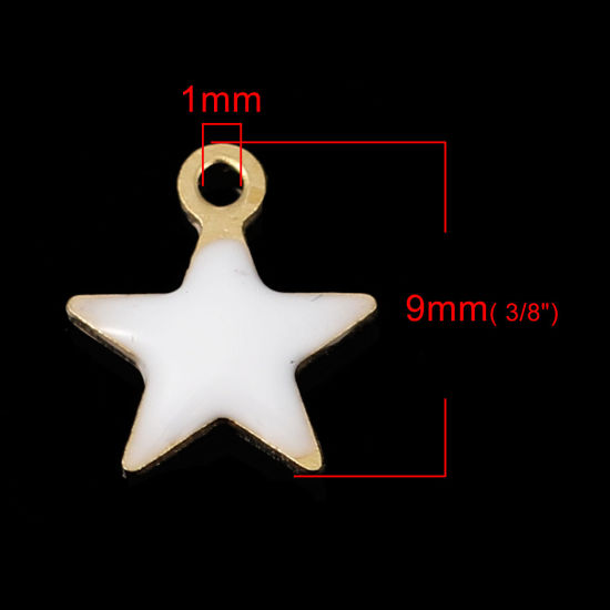 Bild von Messing Emaillierte Pailletten Charms Pentagramm Stern Messingfarbe Weiß 9mm x 8mm, 10 Stück