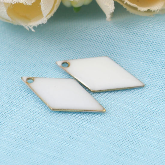 Picture of Brass Enamelled Sequins Charms Rhombus Brass Color White 17mm x 8mm, 10 PCs