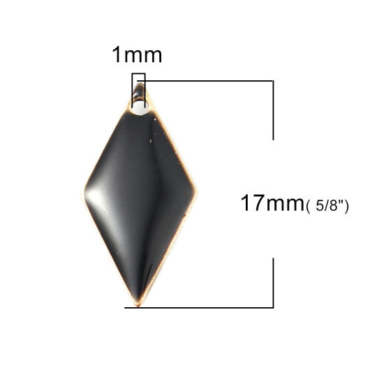 Bild von Messing Emaillierte Pailletten Charms Raute Messingfarbe Schwarz 17mm x 8mm, 10 Stück