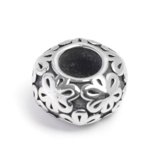 Picture of 304 Stainless Steel Casting Beads Round Antique Silver Color Flower 12mm x 7mm, Hole: Approx 5.3mm, 1 Piece