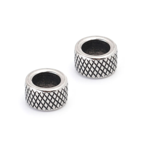 Imagen de 304 Acero Inoxidable Fundición Cuentas Cilíndrico Plata Antigua Enrejado 10mm x 6mm, Agujero: Aprox 6.5mm, 1 Unidad