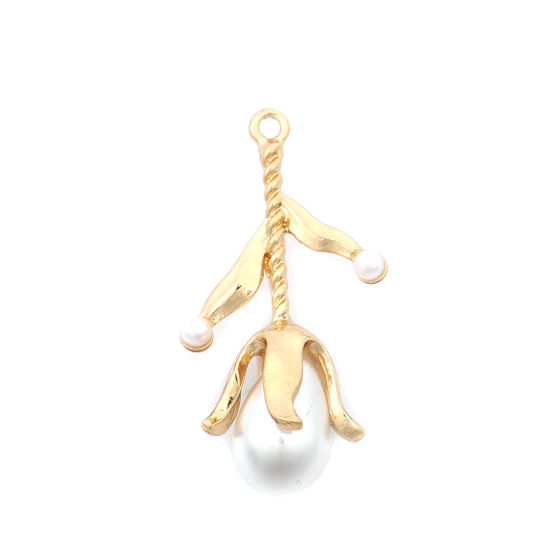 Immagine di Lega di Zinco Ciondoli Fiore Oro Placcato Bianco Perla Imitato Acrilico 44mm x 22mm , 3 Pz
