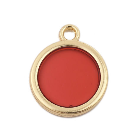 Zinc Based Alloy & Resin Charms Round Disc Gold Plated Deep Red Transparent 16mm x 17mm, 5 PCs