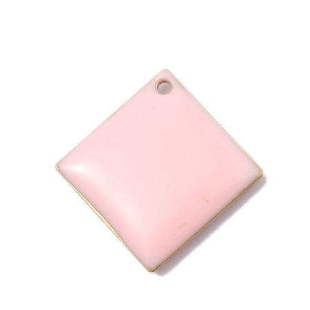 Image de Breloques Sequins Emaillés Double Face en Laiton Losange Couleur Laiton Rose 21mm x 21mm, 10 Pcs