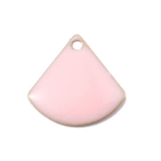 Picture of Brass Enamelled Sequins Charms Fan-shaped Brass Color Pink 13mm x 12mm, 10 PCs                                                                                                                                                                                