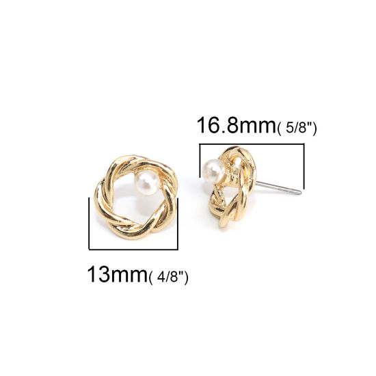 Immagine di Lega di Zinco Orecchini a Perno Tappi di Orecchini Nodo Oro Placcato Bianco Perla Imitato Acrilico 13mm x 12mm, Diametro Filo: (21 misura), 10 Pz