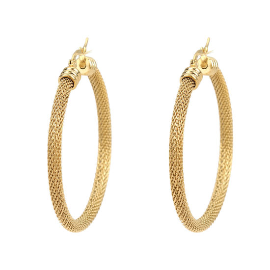 Picture of 304 Stainless Steel Hoop Earrings Gold Plated Round Hollow 5.2cm(2") Dia., Post/ Wire Size: (17 gauge), 1 Pair
