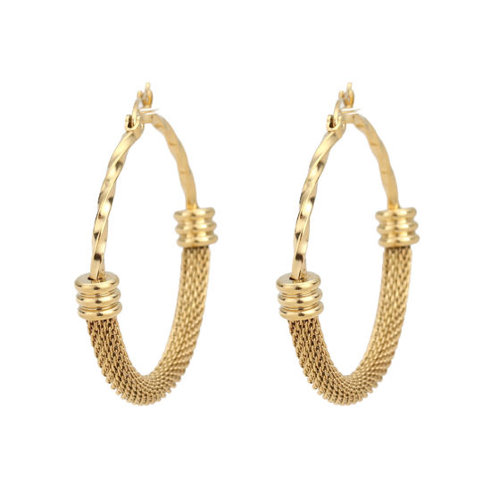 Picture of 304 Stainless Steel Hoop Earrings Gold Plated Round Spiral Hollow 4.3cm x 4cm, Post/ Wire Size: (17 gauge), 1 Pair