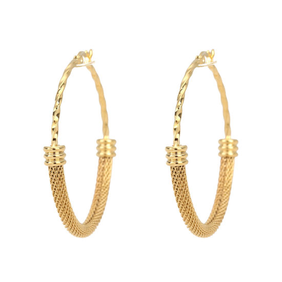Picture of 304 Stainless Steel Hoop Earrings Gold Plated Oval Spiral Hollow 5.2cm x 5.1cm, Post/ Wire Size: (17 gauge), 1 Pair