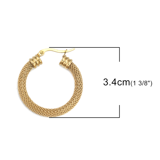 304ステンレス鋼 フープピアス 金メッキ 円形 透かし 3.4cm x 3.2cm、 ワイヤーサイズ: （17号）、 1 ペア の画像