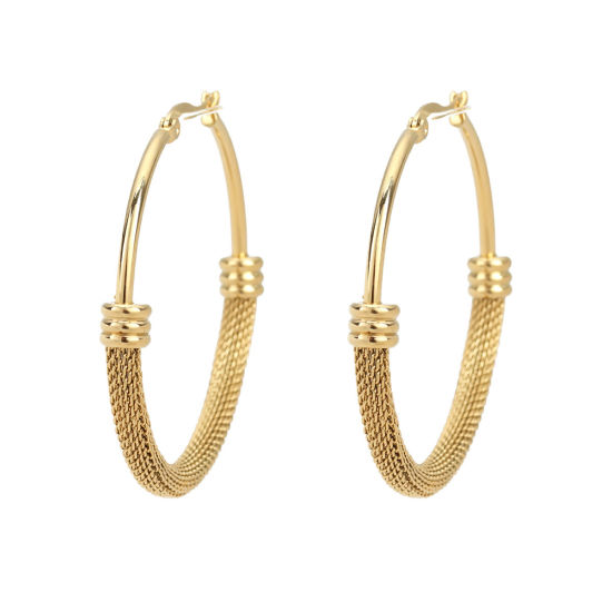 Picture of 304 Stainless Steel Hoop Earrings Gold Plated Round Hollow 4.9cm x 4.8cm, Post/ Wire Size: (17 gauge), 1 Pair