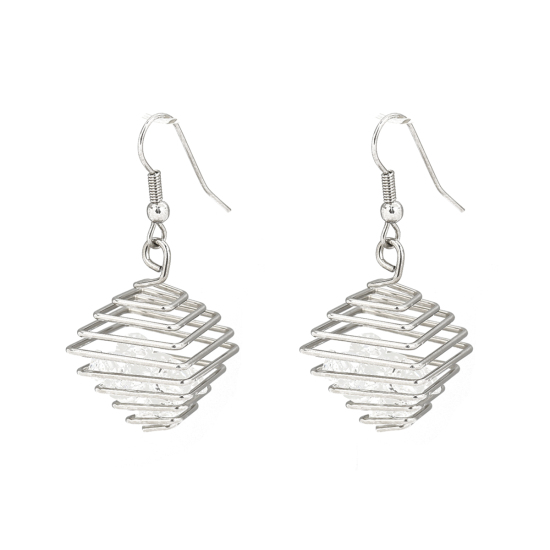 Imagen de 304 Acero Inoxidable Pendientes Tono de Plata Pirámide Hueco Transparente Rhinestone 4.5cm, Post/ Wire Size: (21 gauge), 1 Par