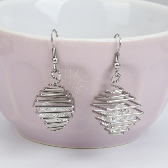 Imagen de 304 Acero Inoxidable Pendientes Tono de Plata Pirámide Hueco Transparente Rhinestone 4.5cm, Post/ Wire Size: (21 gauge), 1 Par