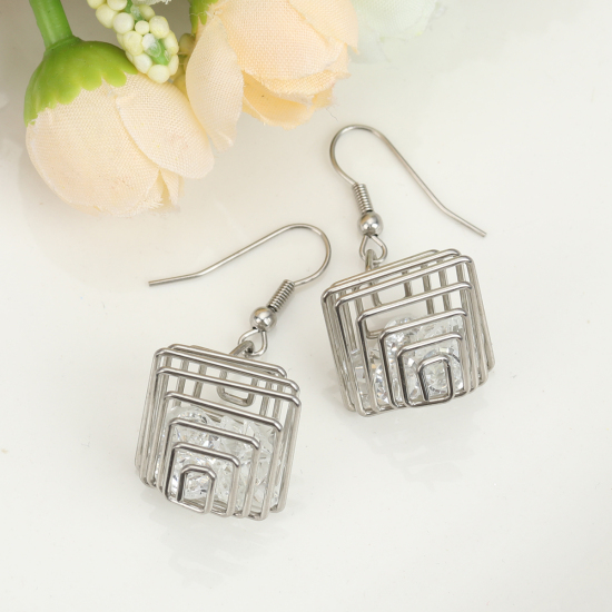 Imagen de 304 Acero Inoxidable Pendientes Tono de Plata Pirámide Hueco Transparente Rhinestone 4.5cm, Post/ Wire Size: (21 gauge), 1 Par
