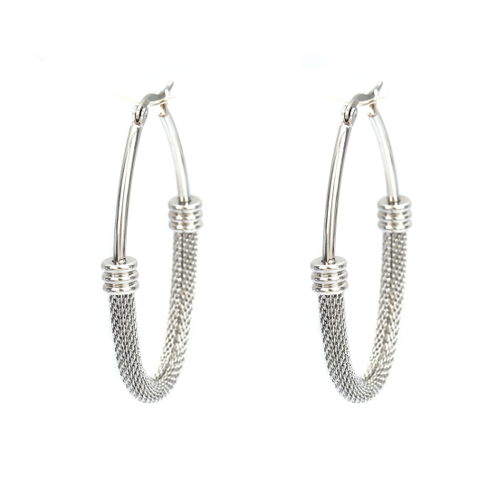 Imagen de 304 Acero Inoxidable Pendientes Círculos Tono de Plata Óvalo Hueco 5.3cm x 3.6cm, Post/ Wire Size: (17 gauge), 1 Par