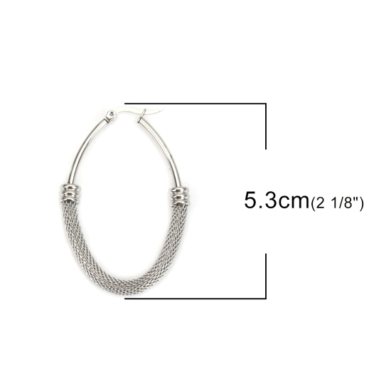 Imagen de 304 Acero Inoxidable Pendientes Círculos Tono de Plata Óvalo Hueco 5.3cm x 3.6cm, Post/ Wire Size: (17 gauge), 1 Par