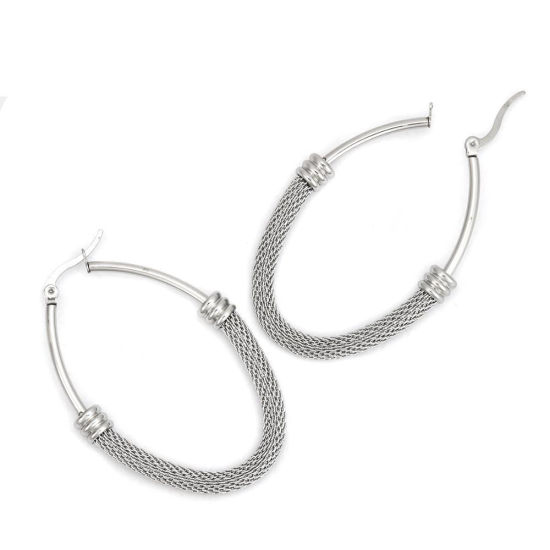 Imagen de 304 Acero Inoxidable Pendientes Círculos Tono de Plata Óvalo Hueco 5.3cm x 3.6cm, Post/ Wire Size: (17 gauge), 1 Par