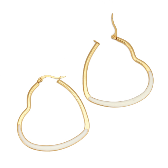 Immagine di 304 Acciaio Inossidabile orecchino cerchio Oro Placcato Bianco Cuore Smalto 4.4cm x 4cm, Posta / Filo Dimensione: (17 misura), 1 Paio