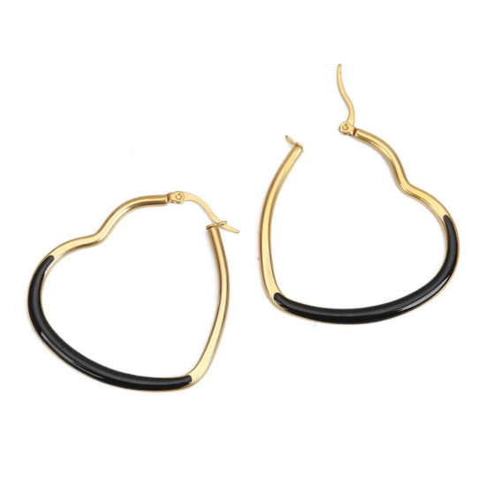 Immagine di 304 Acciaio Inossidabile orecchino cerchio Oro Placcato Bianco Cuore Smalto 4.4cm x 4cm, Posta / Filo Dimensione: (17 misura), 1 Paio