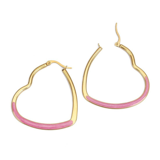 Immagine di 304 Acciaio Inossidabile orecchino cerchio Oro Placcato Bianco Cuore Smalto 4.4cm x 4cm, Posta / Filo Dimensione: (17 misura), 1 Paio