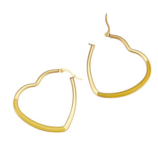 Immagine di 304 Acciaio Inossidabile orecchino cerchio Oro Placcato Bianco Cuore Smalto 4.4cm x 4cm, Posta / Filo Dimensione: (17 misura), 1 Paio