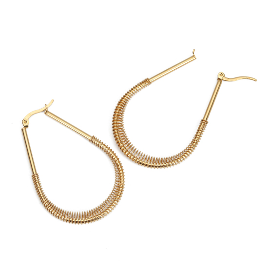 Imagen de 304 Acero Inoxidable Pendientes Círculos Chapado en Oro Gota 5.4cm x 3.7cm, Post/ Wire Size: (17 gauge), 1 Par