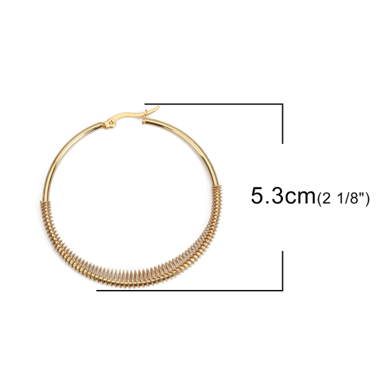 304ステンレス鋼 フープピアス 金メッキ 円形 5.3cm x 5.2cm、 ワイヤーサイズ: （17号）、 1 ペア の画像