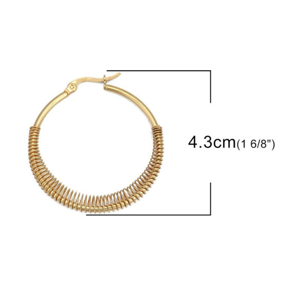 304ステンレス鋼 フープピアス 金メッキ 円形 5.3cm x 5.2cm、 ワイヤーサイズ: （17号）、 1 ペア の画像